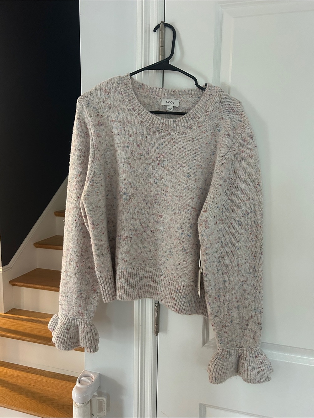 CeCe Cream Speckled Ruffle-Cuff Crewneck Sweater